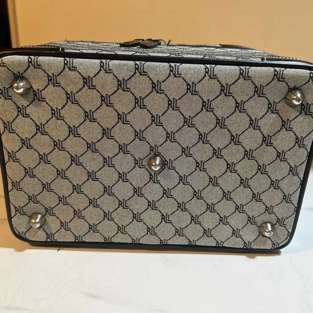 Ralph Lauren Signature Monogramed Gray Black Leather Trim Cosmetic Case